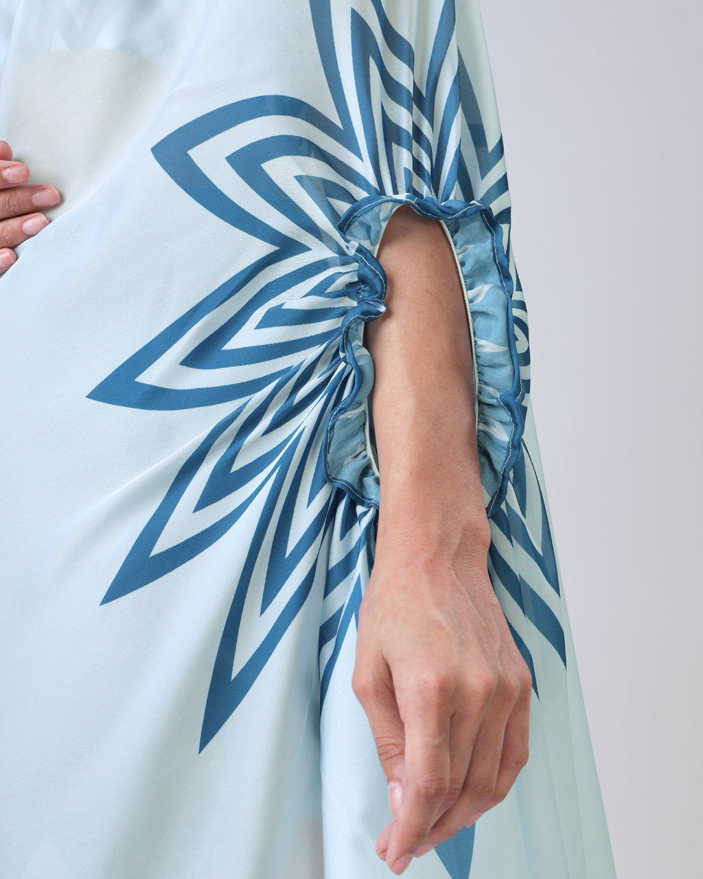 Icy Blue Designer Freehand Saree with Navy Starburst & Floral Print in Georgette Satin – Ready to Wear FREEHANDED