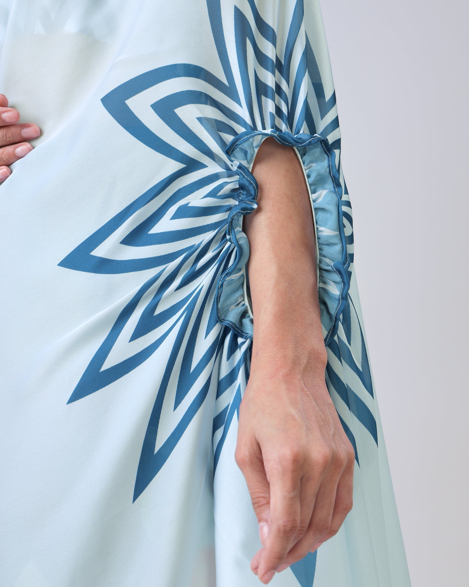 Icy Blue Designer Freehand Saree with Navy Starburst & Floral Print in Georgette Satin – Ready to Wear FREEHANDED