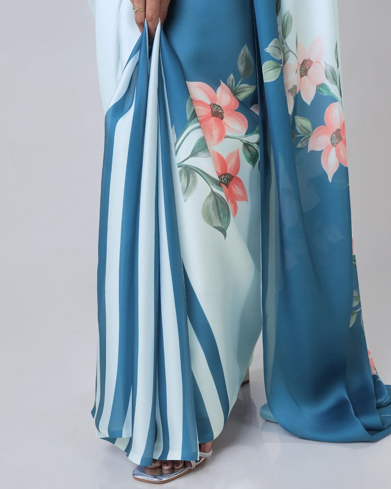 Icy Blue Designer Freehand Saree with Navy Starburst & Floral Print in Georgette Satin – Ready to Wear FREEHANDED