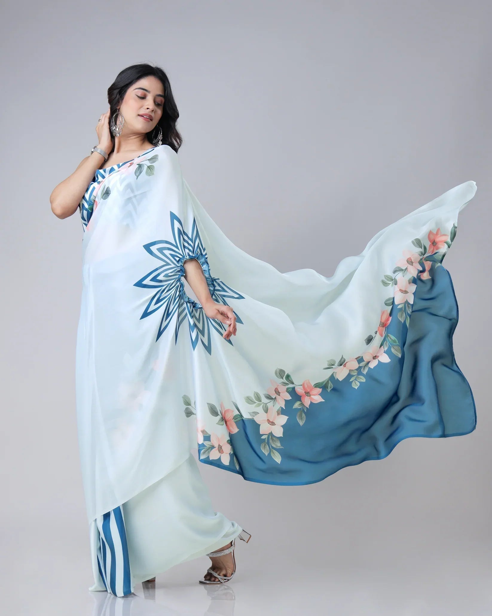 Icy Blue Designer Freehand Saree with Navy Starburst & Floral Print in Georgette Satin – Ready to Wear FREEHANDED