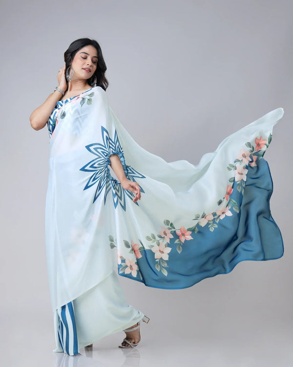 Icy Blue Designer Freehand Saree with Navy Starburst & Floral Print in Georgette Satin – Ready to Wear FREEHANDED