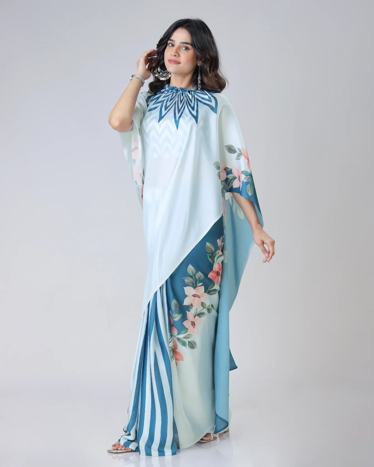 Icy Blue Designer Freehand Saree with Navy Starburst & Floral Print in Georgette Satin – Ready to Wear FREEHANDED Main image