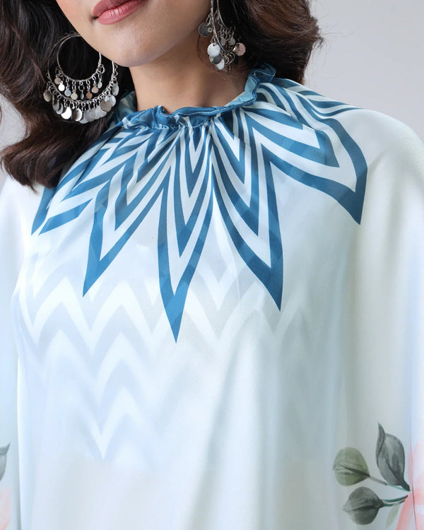 Icy Blue Designer Freehand Saree with Navy Starburst & Floral Print in Georgette Satin – Ready to Wear FREEHANDED