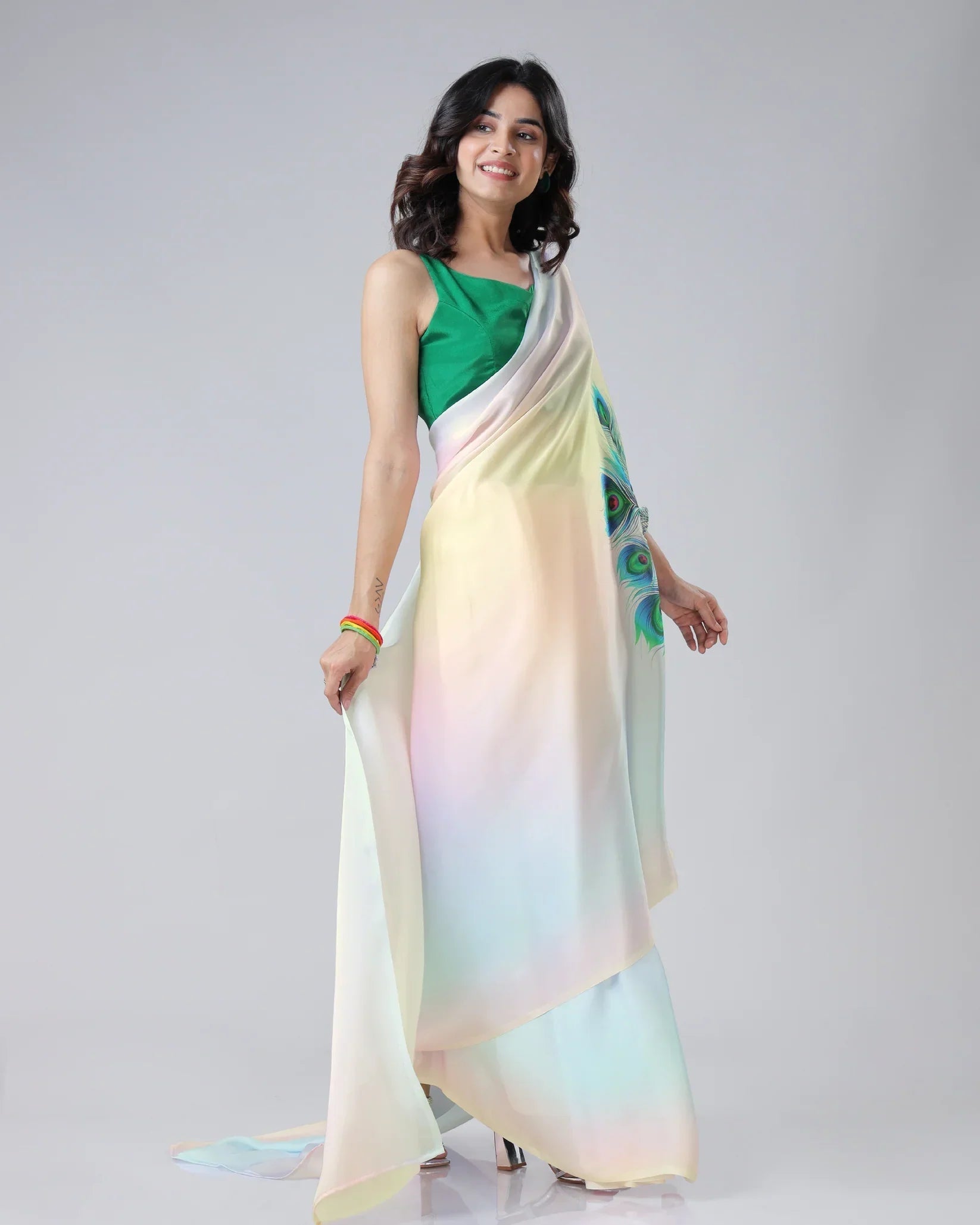 Pastel Rainbow Freehand Saree with Peacock Feather Print in Georgette Satin – Ready to Wear Designer Drape Secondary image