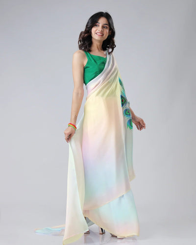 Pastel Rainbow Freehand Saree with Peacock Feather Print in Georgette Satin – Ready to Wear Designer Drape FREEHANDED