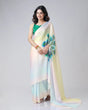 Load image into Gallery viewer, Pastel Rainbow Freehand Saree with Peacock Feather Print in Georgette Satin – Ready to Wear Designer Drape FREEHANDED
