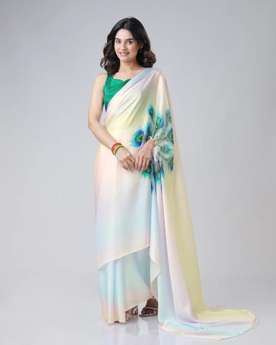 Pastel Rainbow Freehand Saree with Peacock Feather Print in Georgette Satin – Ready to Wear Designer Drape FREEHANDED