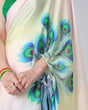 Load image into Gallery viewer, Pastel Rainbow Freehand Saree with Peacock Feather Print in Georgette Satin – Ready to Wear Designer Drape FREEHANDED