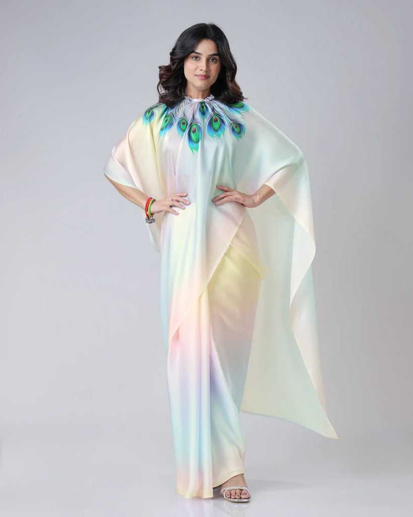 Pastel Rainbow Freehand Saree with Peacock Feather Print in Georgette Satin – Ready to Wear Designer Drape FREEHANDED