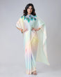 Load image into Gallery viewer, Pastel Rainbow Freehand Saree with Peacock Feather Print in Georgette Satin – Ready to Wear Designer Drape FREEHANDED