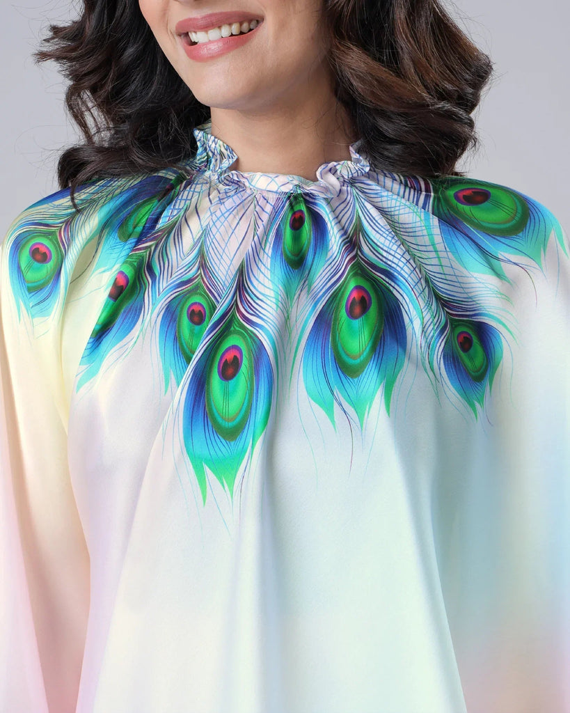 Pastel Rainbow Freehand Saree with Peacock Feather Print in Georgette Satin – Ready to Wear Designer Drape FREEHANDED