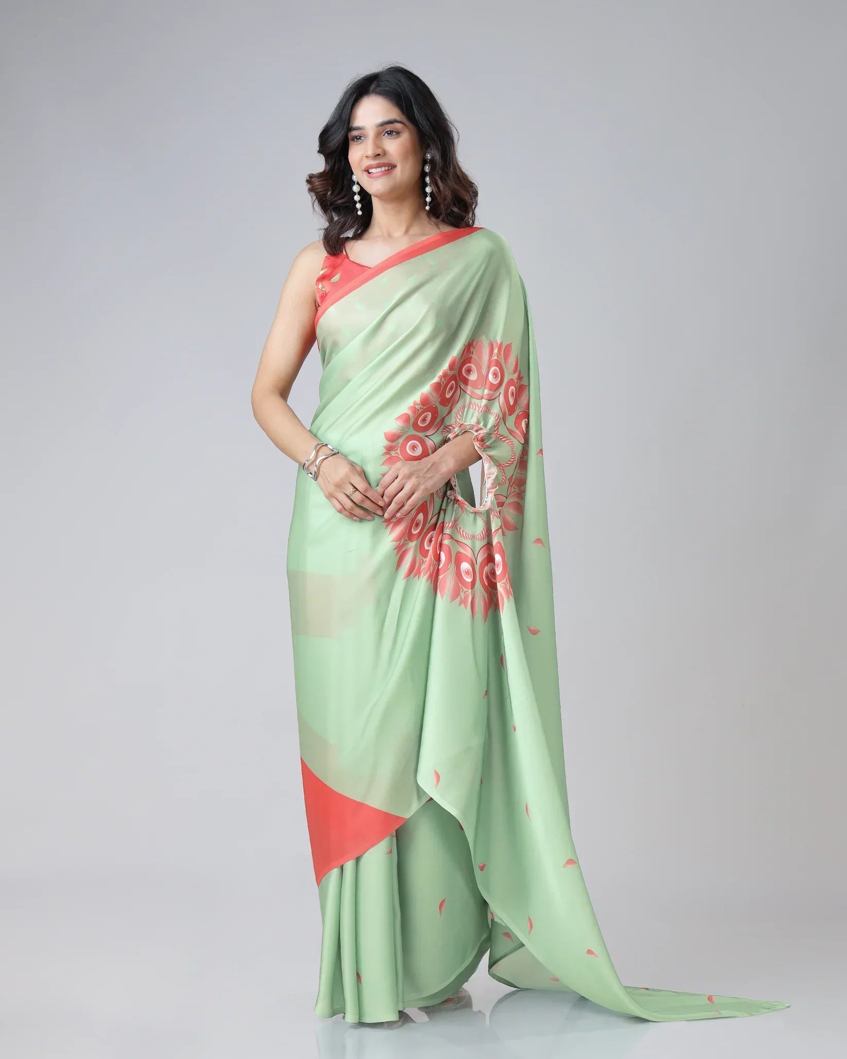 Mint Green & Coral Designer Freehand Printed Saree in Georgette Satin – Ready to Wear with Abstract Peacock Motif FREEHANDED Main image