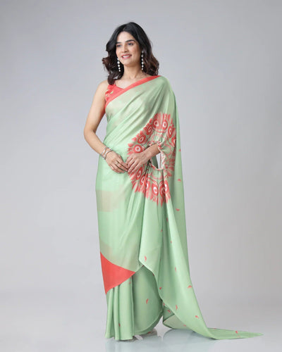 Mint Green & Coral Designer Freehand Printed Saree in Georgette Satin – Ready to Wear with Abstract Peacock Motif FREEHANDED