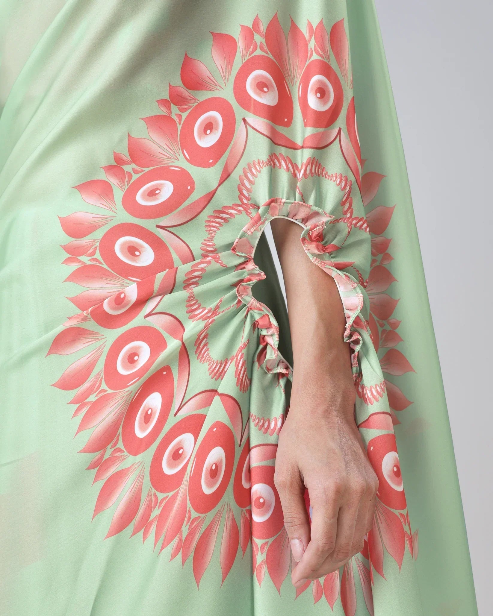 Mint Green & Coral Designer Freehand Printed Saree in Georgette Satin – Ready to Wear with Abstract Peacock Motif FREEHANDED