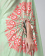 Load image into Gallery viewer, Mint Green &amp; Coral Designer Freehand Printed Saree in Georgette Satin – Ready to Wear with Abstract Peacock Motif FREEHANDED