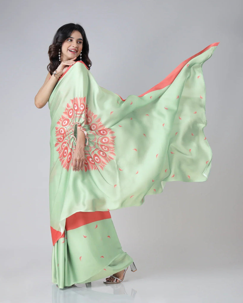 Mint Green & Coral Designer Freehand Printed Saree in Georgette Satin – Ready to Wear with Abstract Peacock Motif FREEHANDED