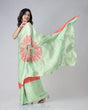 Load image into Gallery viewer, Mint Green &amp; Coral Designer Freehand Printed Saree in Georgette Satin – Ready to Wear with Abstract Peacock Motif FREEHANDED