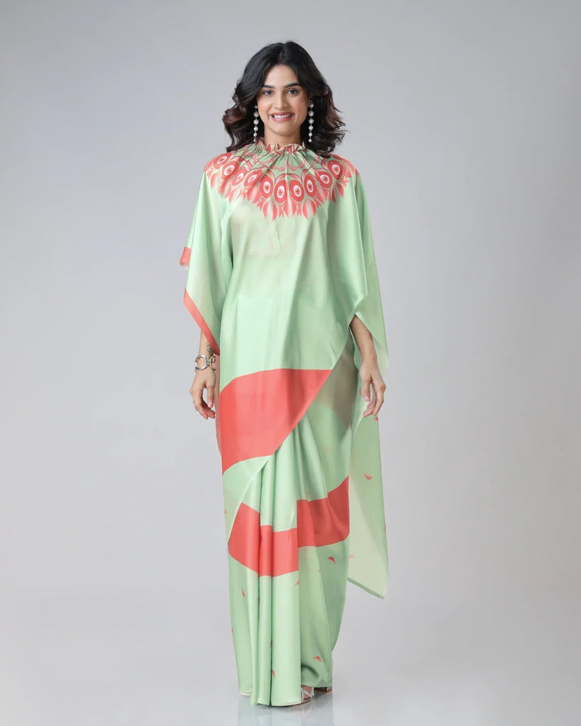 Mint Green & Coral Designer Freehand Printed Saree in Georgette Satin – Ready to Wear with Abstract Peacock Motif FREEHANDED