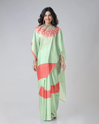 Mint Green & Coral Designer Freehand Printed Saree in Georgette Satin – Ready to Wear with Abstract Peacock Motif FREEHANDED