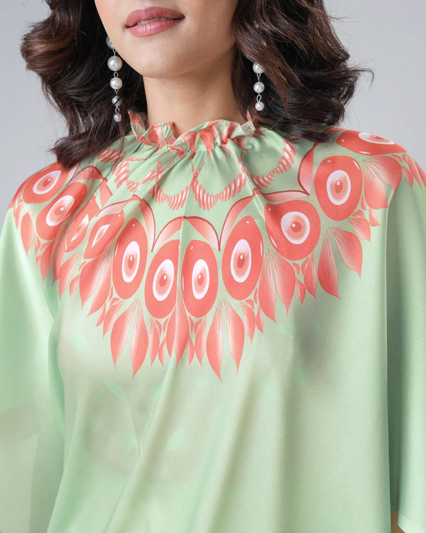 Mint Green & Coral Designer Freehand Printed Saree in Georgette Satin – Ready to Wear with Abstract Peacock Motif FREEHANDED