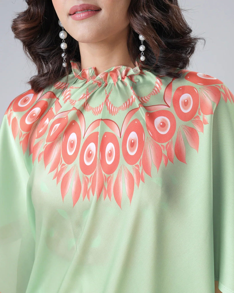 Mint Green & Coral Designer Freehand Printed Saree in Georgette Satin – Ready to Wear with Abstract Peacock Motif FREEHANDED