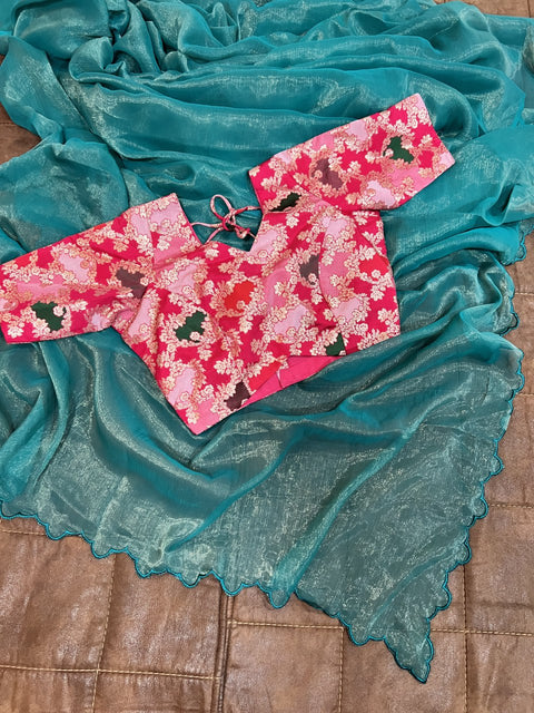 Elegant Gold Coin Sky Blue Saree with Arko Cut Work Border and Viscose Jacquard Blouse ClothsVilla Main image