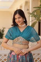 Load image into Gallery viewer, Russian Silk Sky Blue Lehenga Choli Set: Foil Print, Can-Can Flair ClothsVilla