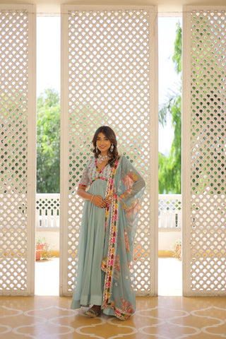 Elegant Embroidered Alia Cut Sky Blue Gown with Printed Dupatta Set ClothsVilla