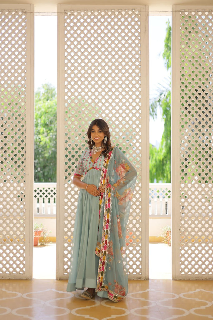 Elegant Embroidered Alia Cut Sky Blue Gown with Printed Dupatta Set ClothsVilla