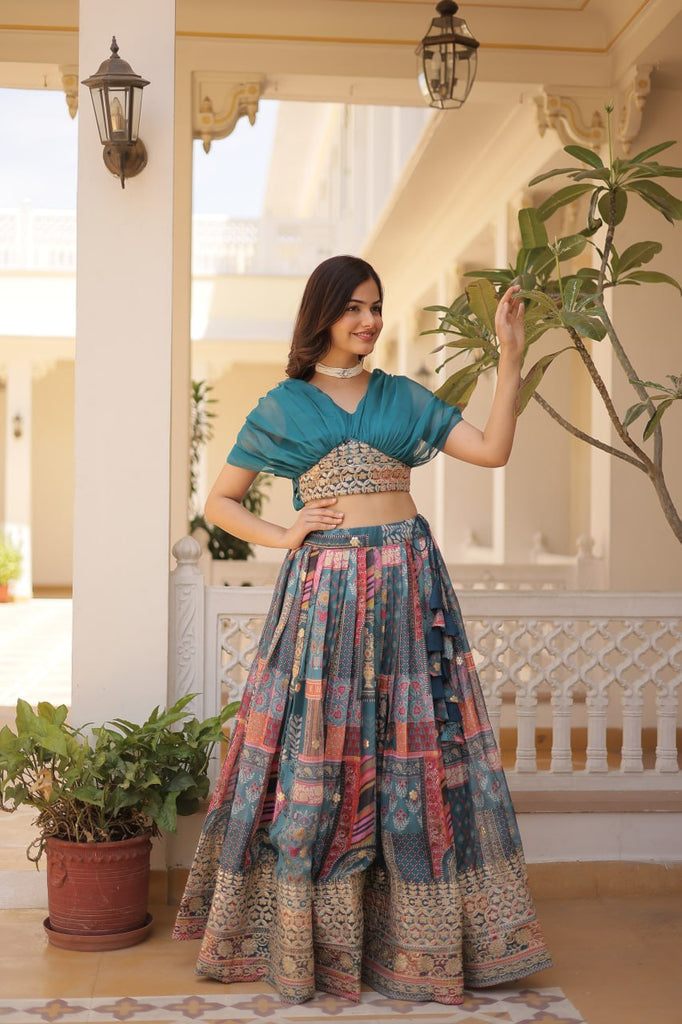 Russian Silk Sky Blue Lehenga Choli Set: Foil Print, Can-Can Flair ClothsVilla