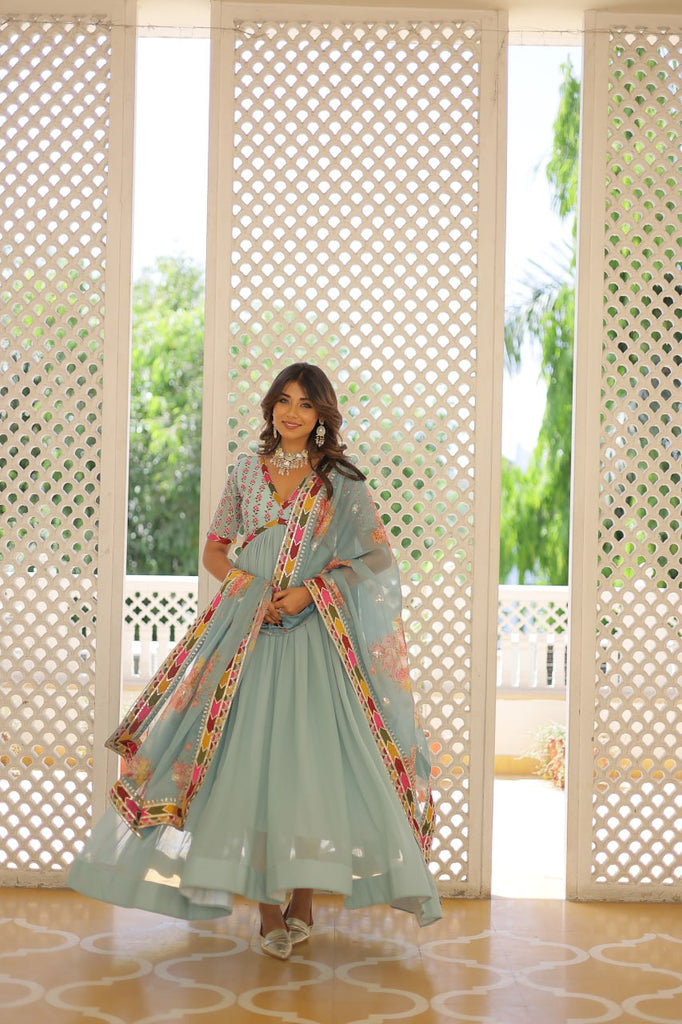 Elegant Embroidered Alia Cut Sky Blue Gown with Printed Dupatta Set ClothsVilla