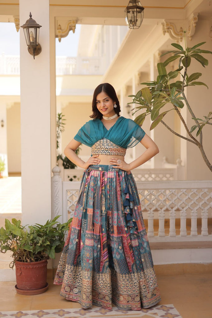 Russian Silk Sky Blue Lehenga Choli Set: Foil Print, Can-Can Flair ClothsVilla