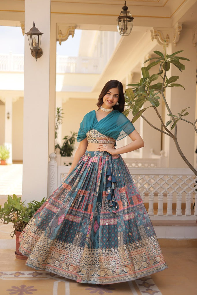 Russian Silk Sky Blue Lehenga Choli Set: Foil Print, Can-Can Flair ClothsVilla