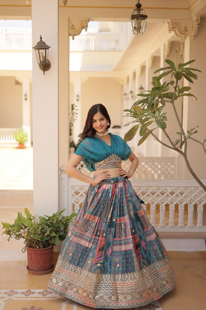 Russian Silk Sky Blue Lehenga Choli Set: Foil Print, Can-Can Flair ClothsVilla