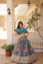 Load image into Gallery viewer, Russian Silk Sky Blue Lehenga Choli Set: Foil Print, Can-Can Flair ClothsVilla