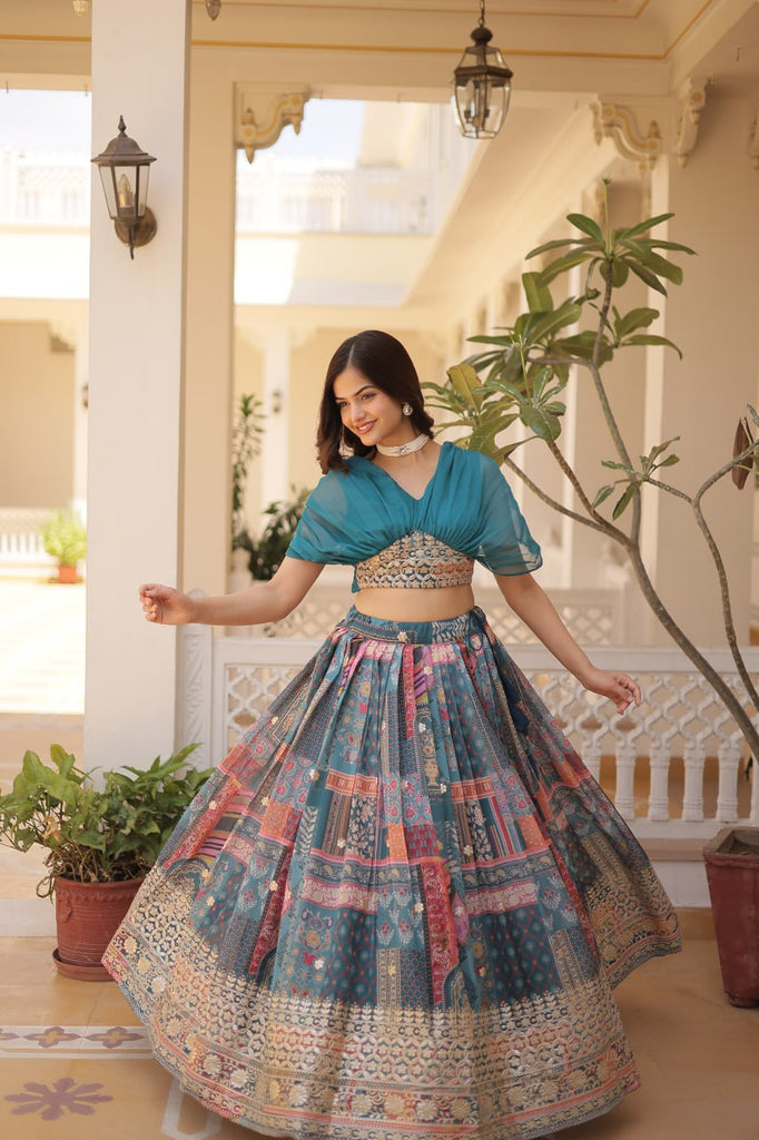 Russian Silk Sky Blue Lehenga Choli Set: Foil Print, Can-Can Flair ClothsVilla