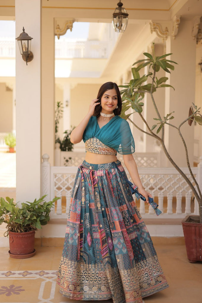 Russian Silk Sky Blue Lehenga Choli Set: Foil Print, Can-Can Flair ClothsVilla