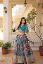 Load image into Gallery viewer, Russian Silk Sky Blue Lehenga Choli Set: Foil Print, Can-Can Flair ClothsVilla