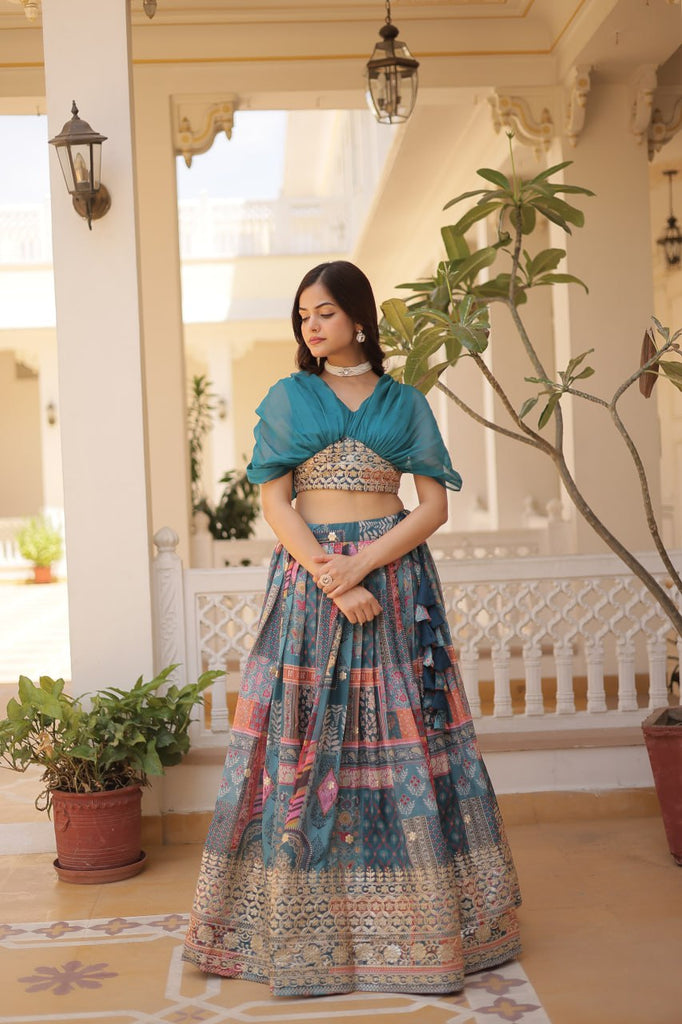 Russian Silk Sky Blue Lehenga Choli Set: Foil Print, Can-Can Flair ClothsVilla