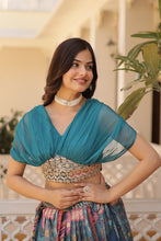 Load image into Gallery viewer, Russian Silk Sky Blue Lehenga Choli Set: Foil Print, Can-Can Flair ClothsVilla