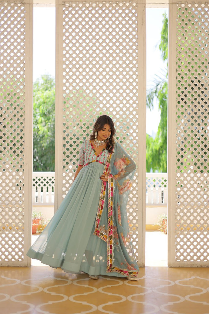 Elegant Embroidered Alia Cut Sky Blue Gown with Printed Dupatta Set ClothsVilla