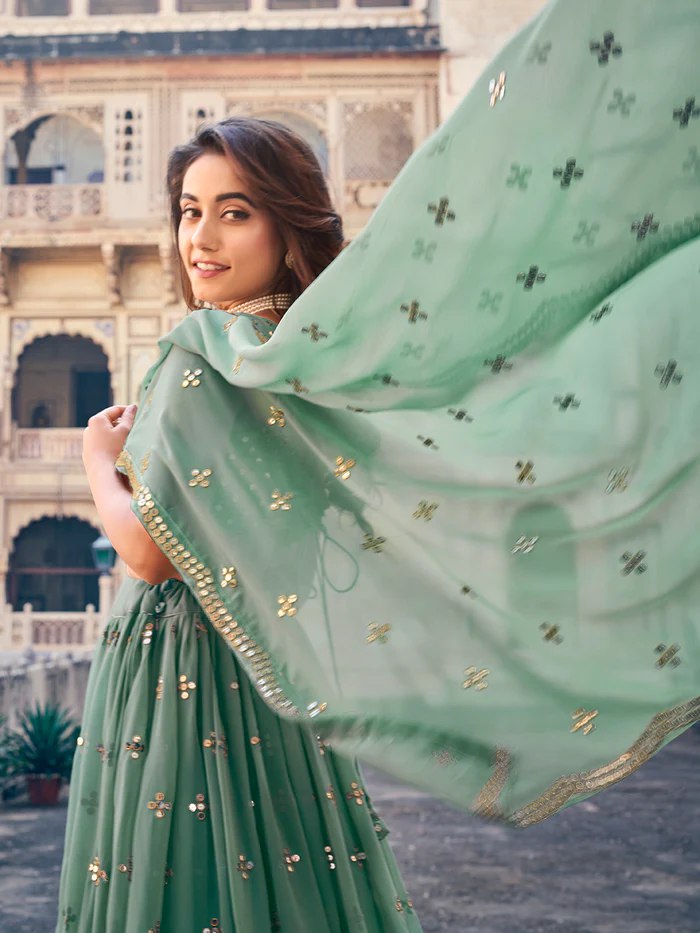 Sea Green Georgette Lehenga Choli Set with 7MM Sequins & Zari Embroidery ClothsVilla
