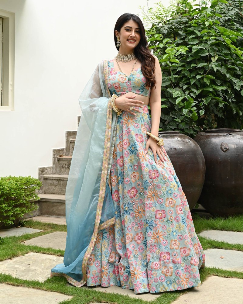 Sea Green Muslin Silk Lehenga Set with Digital Print & Hook Beads Work – Umbrella Cut with Designer Dupatta ClothsVilla