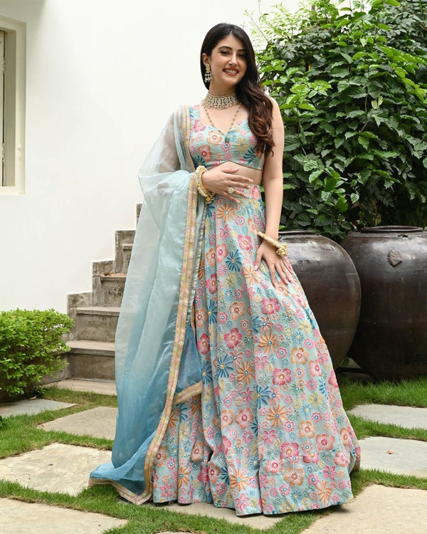 Sea Green Muslin Silk Lehenga Set with Digital Print & Hook Beads Work – Umbrella Cut with Designer Dupatta ClothsVilla