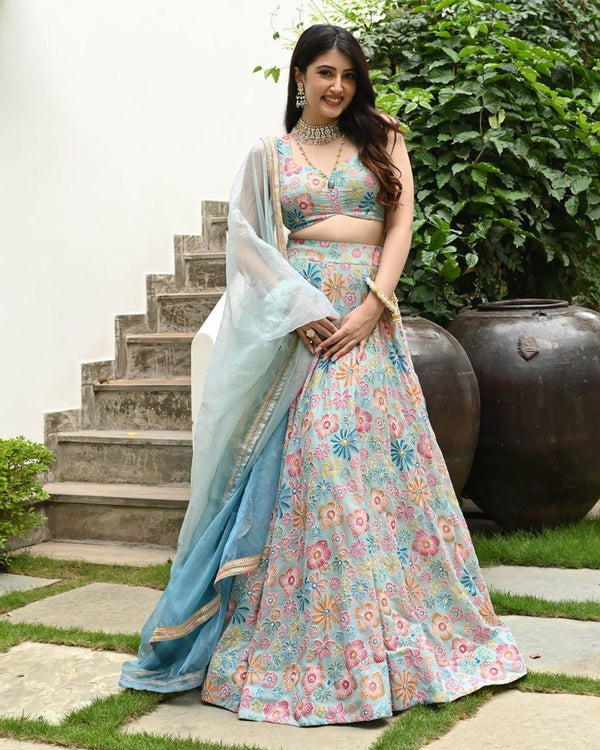 Sea Green Muslin Silk Lehenga Set with Digital Print & Hook Beads Work – Umbrella Cut with Designer Dupatta ClothsVilla