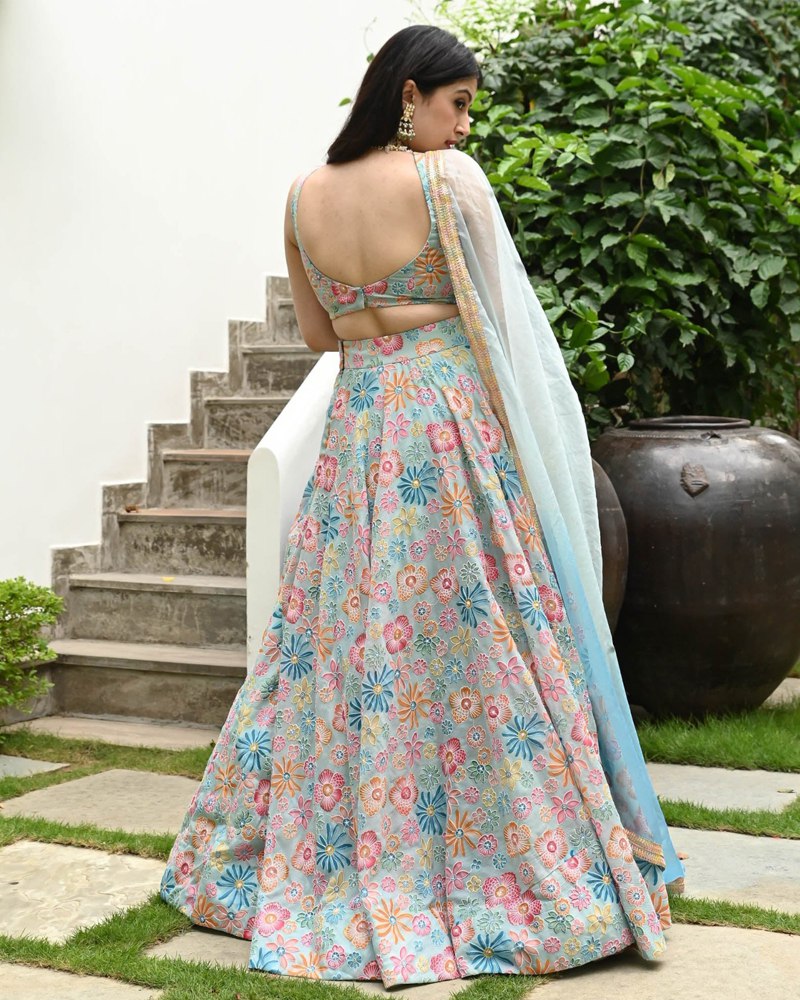 Sea Green Muslin Silk Lehenga Set with Digital Print & Hook Beads Work – Umbrella Cut with Designer Dupatta ClothsVilla