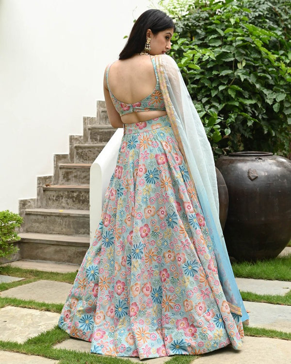 Sea Green Muslin Silk Lehenga Set with Digital Print & Hook Beads Work – Umbrella Cut with Designer Dupatta ClothsVilla