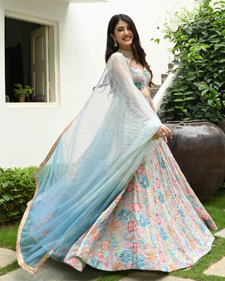 Sea Green Muslin Silk Lehenga Set with Digital Print & Hook Beads Work – Umbrella Cut with Designer Dupatta ClothsVilla