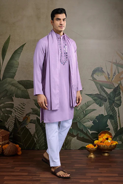 Dusty Pink Mirror Work Kurta for Men - Designer Wear Clothsvilla