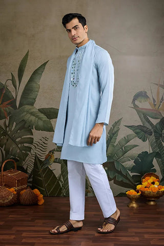 Sky Blue Designer Men's Kurta with Real Mirror Work Clothsvilla